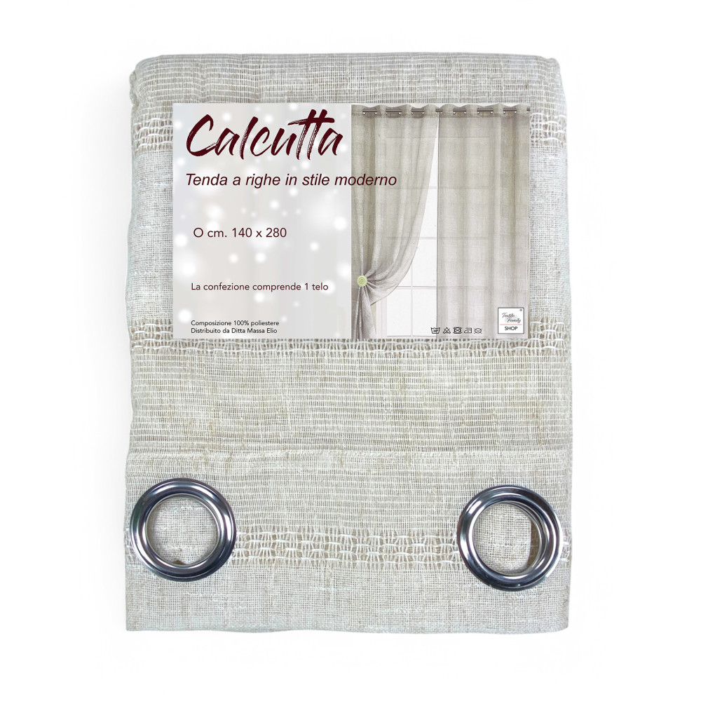 Tenda Calcutta a righe - Pannello moderno 140x280 cm effetto lino - Colore Panna e Avorio con Anelli in Acciaio